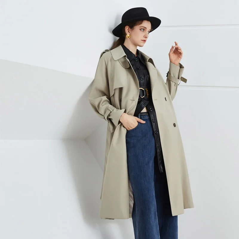 Khaki New Plus Size Double Breasted Trench Drooping Loose Lapel Long Woman Fashion Lace-up Windbreaker Fit Spring Autumn Female