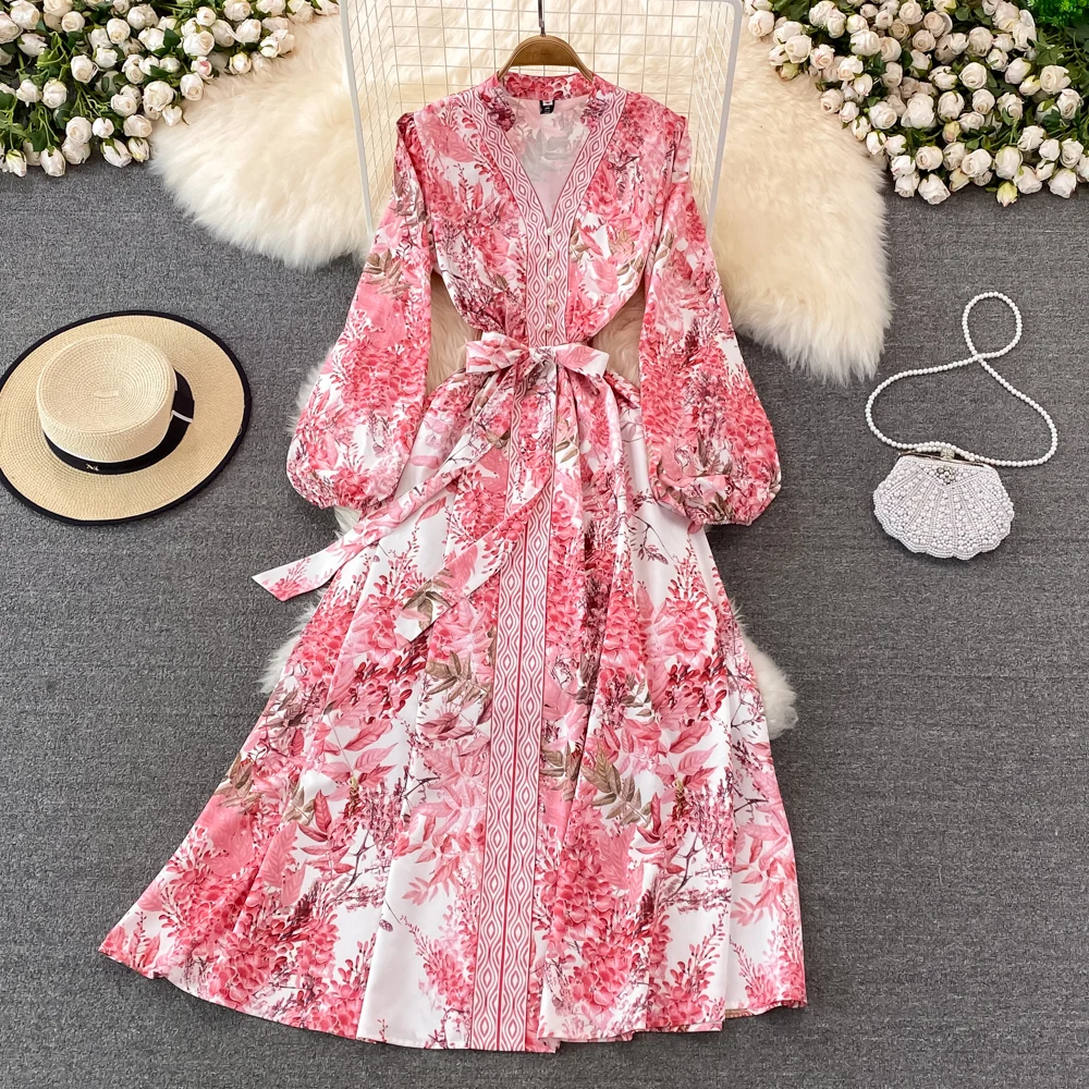 

Women's Vintage Long Sleeve V Neck Robe Long Dress Spring Autumn Lantern Sleeve Single Breasted Dress Lady Elegant Vestido
