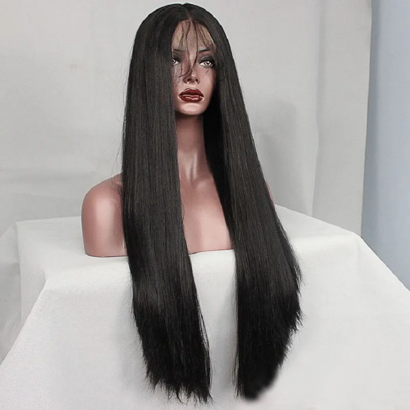 

Black Soft Yaki Straight Natural Glueless Long 180 Density Lace Front Wig For Women Baby Hair 26“Long Heat Resistant Preplucked