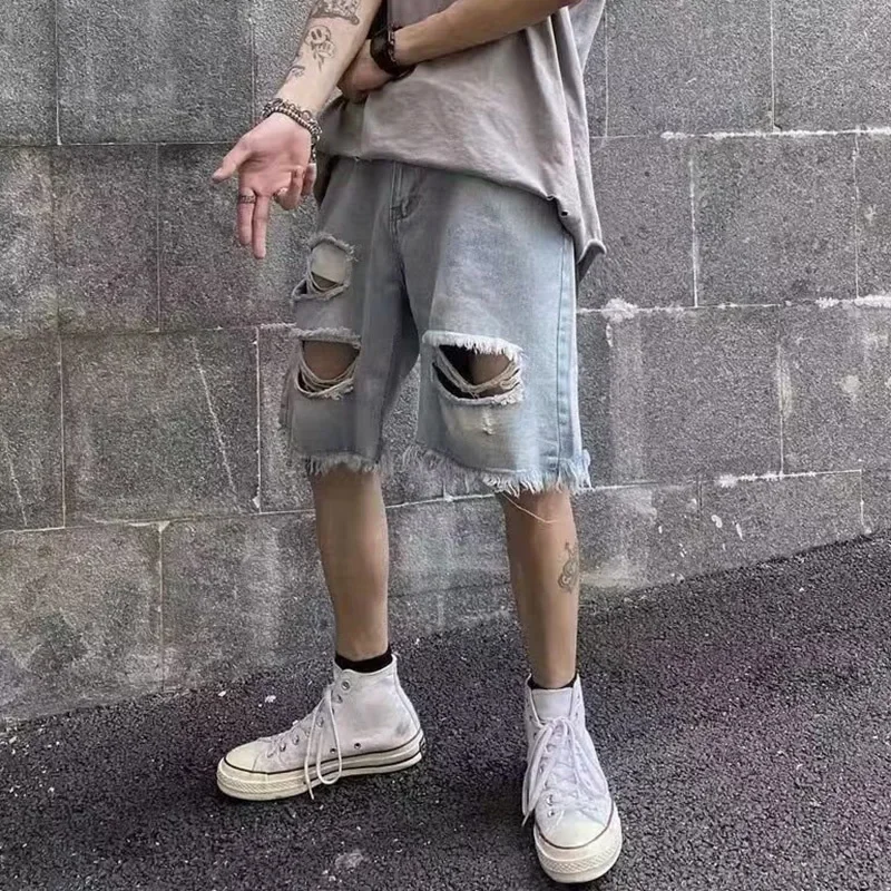 Men Vintage Hollow Out Ripped Design Straight Jean Short Pant For Men Streetwear Trend Spring Summer Fashion Denim Shorts