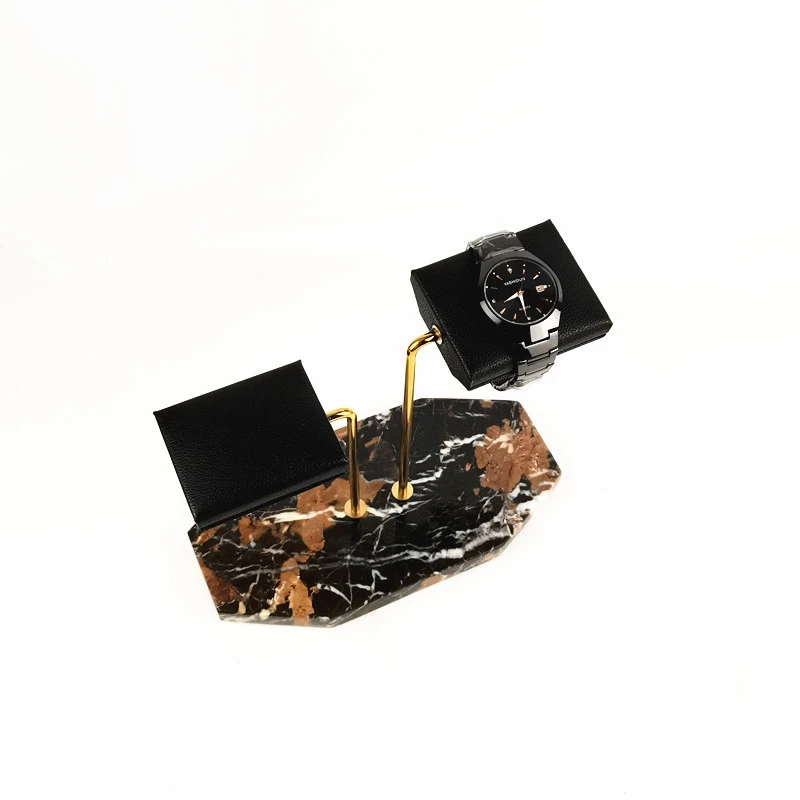 Marble Base Gold Support Rod Watch Stand Display Stand Black PU Leather Double Watch Jewelry Storage Rack