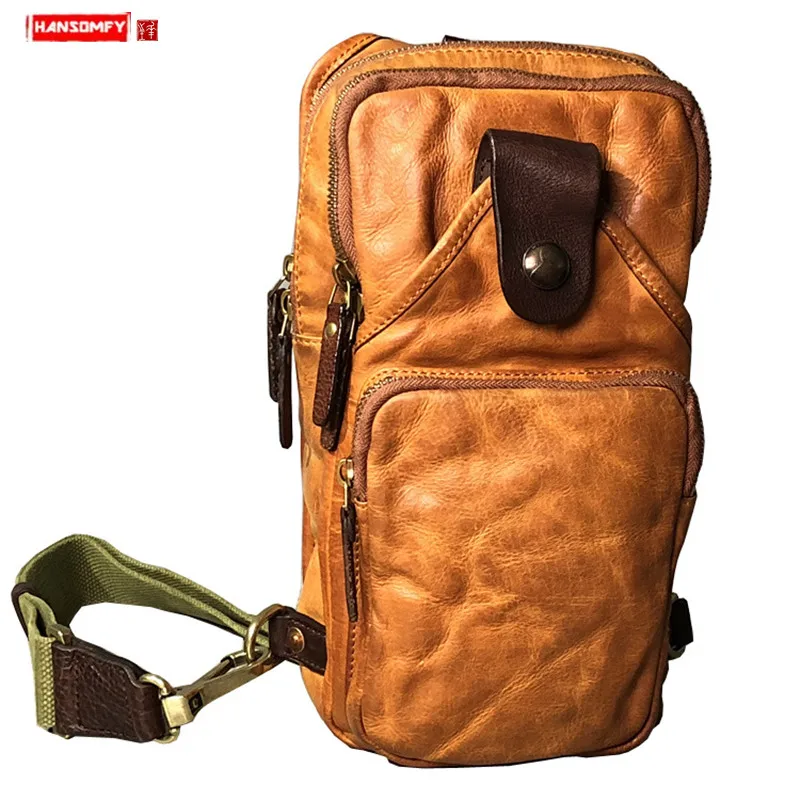 2024 New Handmade Chest Bag Men's Leather Bag Retro Fold Crossbody Bags Head Layer Cowhide Amei Kacha Trendy Vintage Soft Men