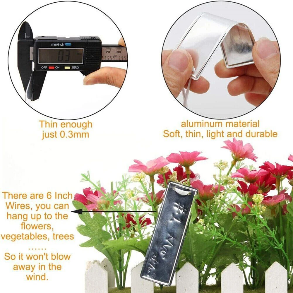 50 Stück Aluminium-Pflanzenetiketten, doppelseitige Metalletiketten, Baum-ID-Tag, wasserdichter Eisendraht, Kinderzimmer-Gartenetiketten, Bonsai-Schild-Tag – Detail 9
