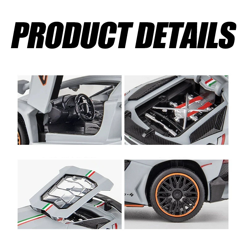 1:32 Lamborghini Aventador SVJ LP780-4 슈퍼 스포츠카 합금 금속 다이캐스트 모델 자동차 사운드 및 라이트 수집 취미 장식품 선물