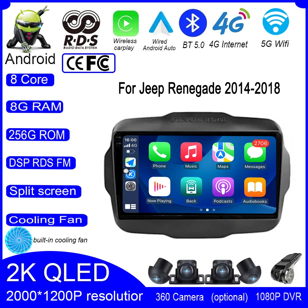 

For Jeep Renegade 2014-2018 Android 13 Car Video Wifi GPS Radio Autoradio Stereo Multimedia Carplay Navigation