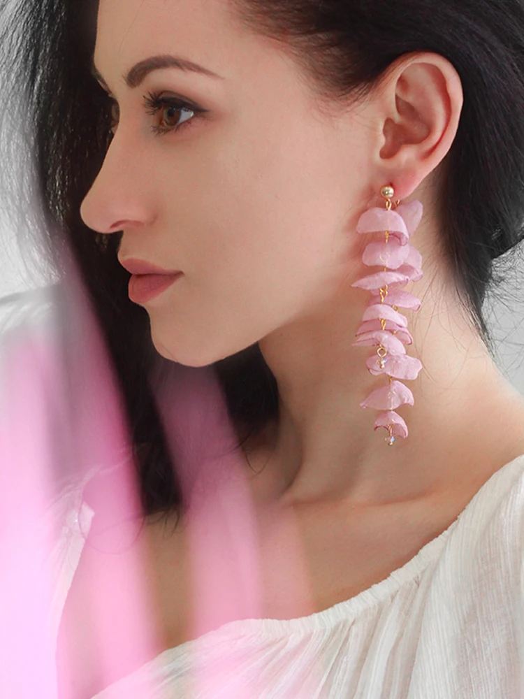 Pink Petal Earrings New Trendy Long Sweet Temperamental Tassels Holiday