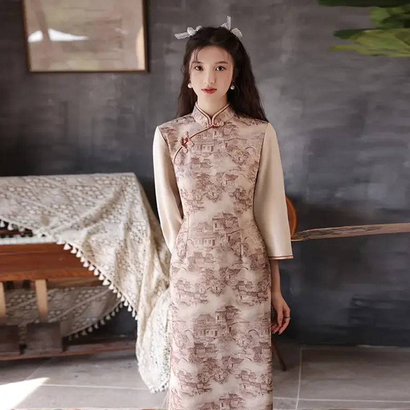

Autumn Chinese Traditional Dress Suede Improved Modern Cheongsam Retro Republican Style Large Sleeve Party Long Dress Qipao