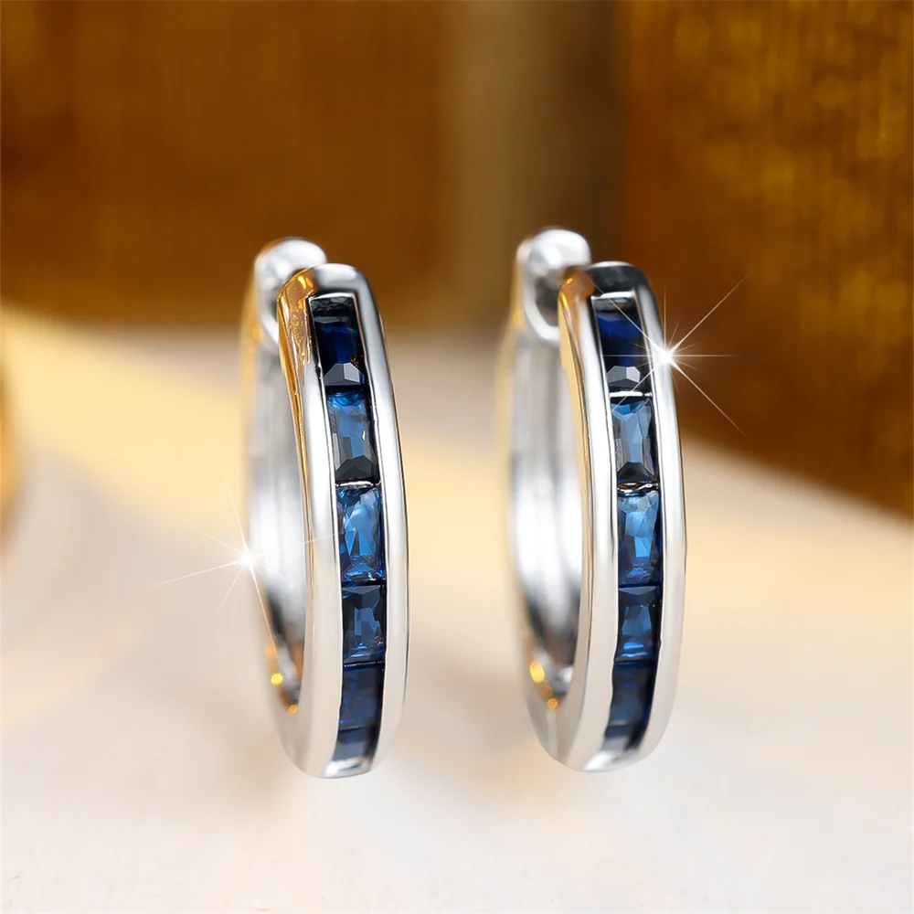 Geometric Zircon Blue Crystal Small Round Hoop Earrings For Women Trendy Silver Color Ear Buckle Wedding Jewelry Engagement Gift