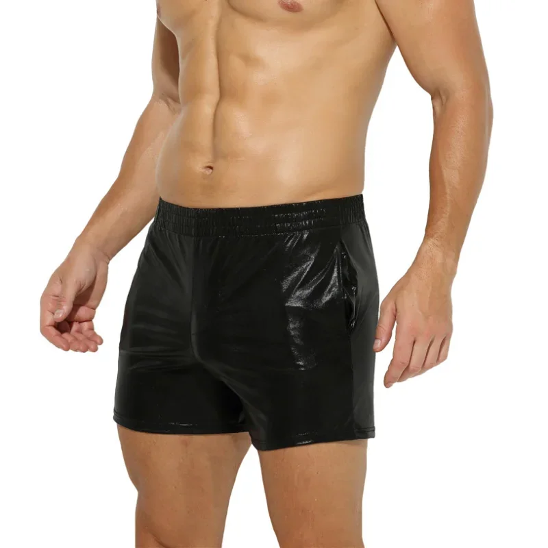 YUFEIDA Gold Leather Boxers Men's Underwear Sexy PU Leather Boxershorts Gay Lingerie Clubwear Male Underpants Mens Silver Trunks