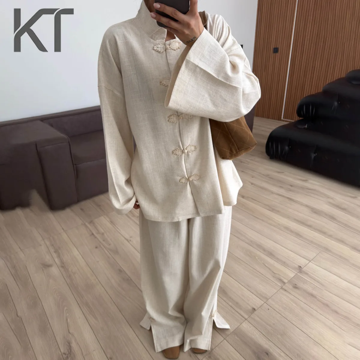 KT Women's Elegant Beige Set Mandarin Collar Frog Button Loose Shirt & Pants Casual & Daily Wear 2026
