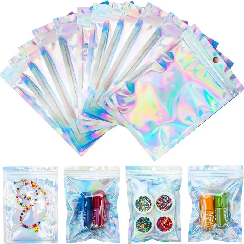 Holographic Mylar Bags 100pcs Holographic Resealable Mylar Bags Ziplock Candy Suger Tee Jewelry Beauty Storage Bag