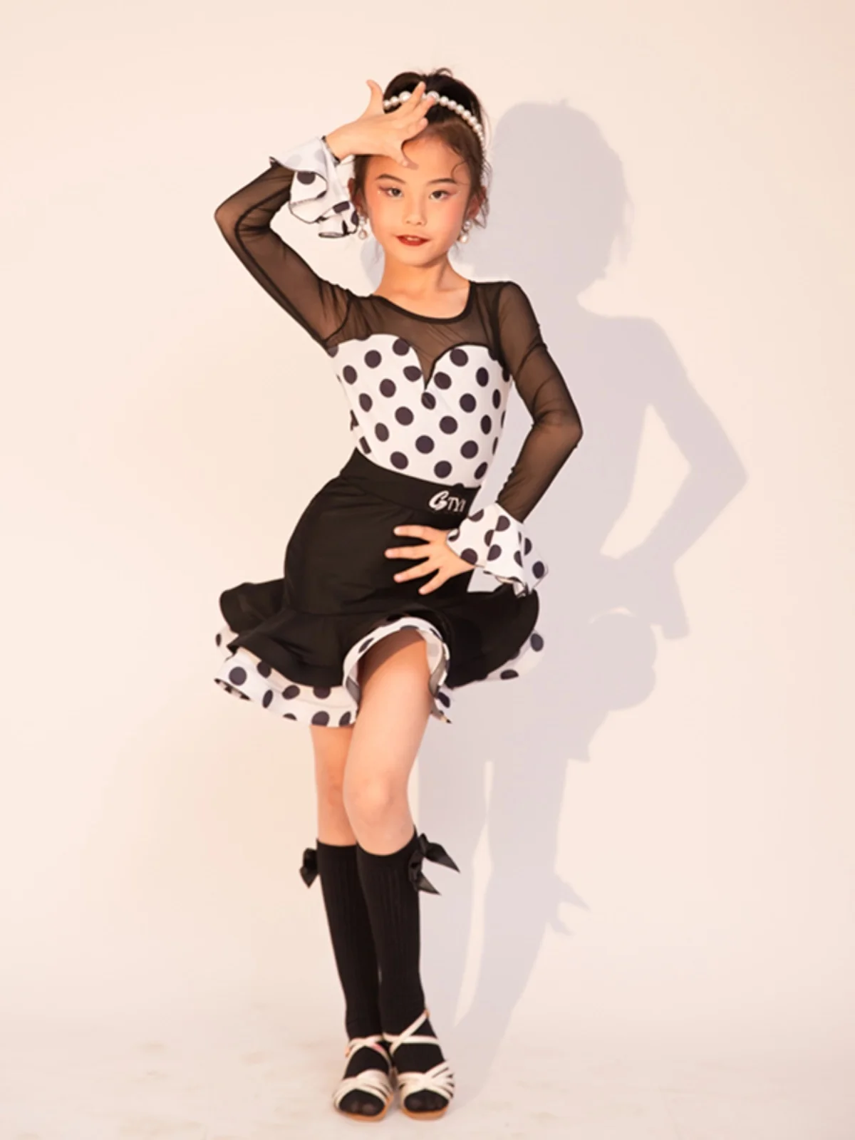 polka dot Long Sleeve Cha Cha Rumba Tango Latin Dance Dress Girls Kids Samba Salsa Clothes Children Competition Ballroom Dresses