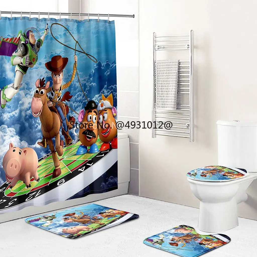 

2023 Disney Toy Story Alien Shower Curtain Set Toilet Cover Rug Carpet Non-slip Kitchen Bath Mat Wooden Board Bathroom Decor