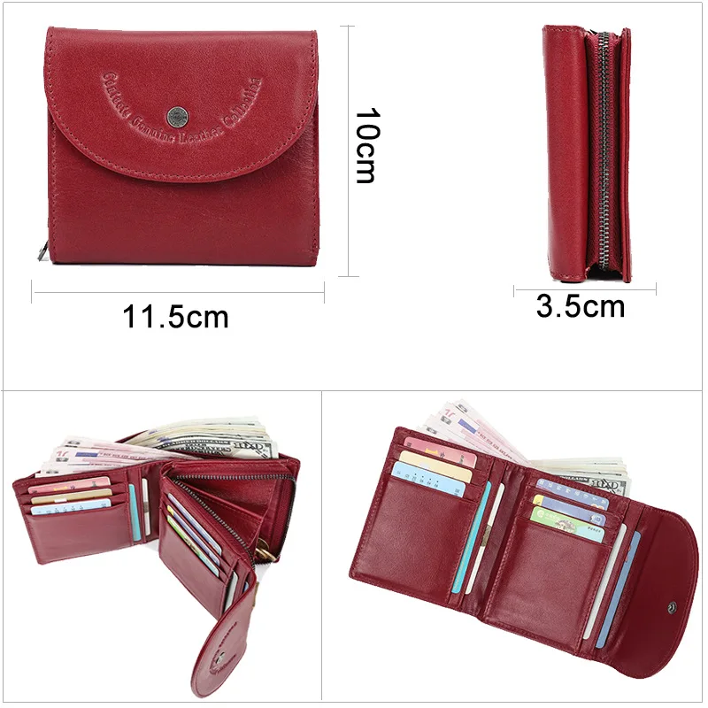 Johnature Fashion Genuine Leather Wallet Versatile Solid Color Short Rfid Anti Theft Women Wallets Cowhide Three Fold Purse