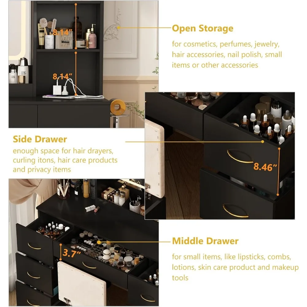 47" Large Vanity Desk with Mirror and Lights, LED Vanity Set with Stool and Power Outlet, Drawers and 3 Lighting Modes, Dresser