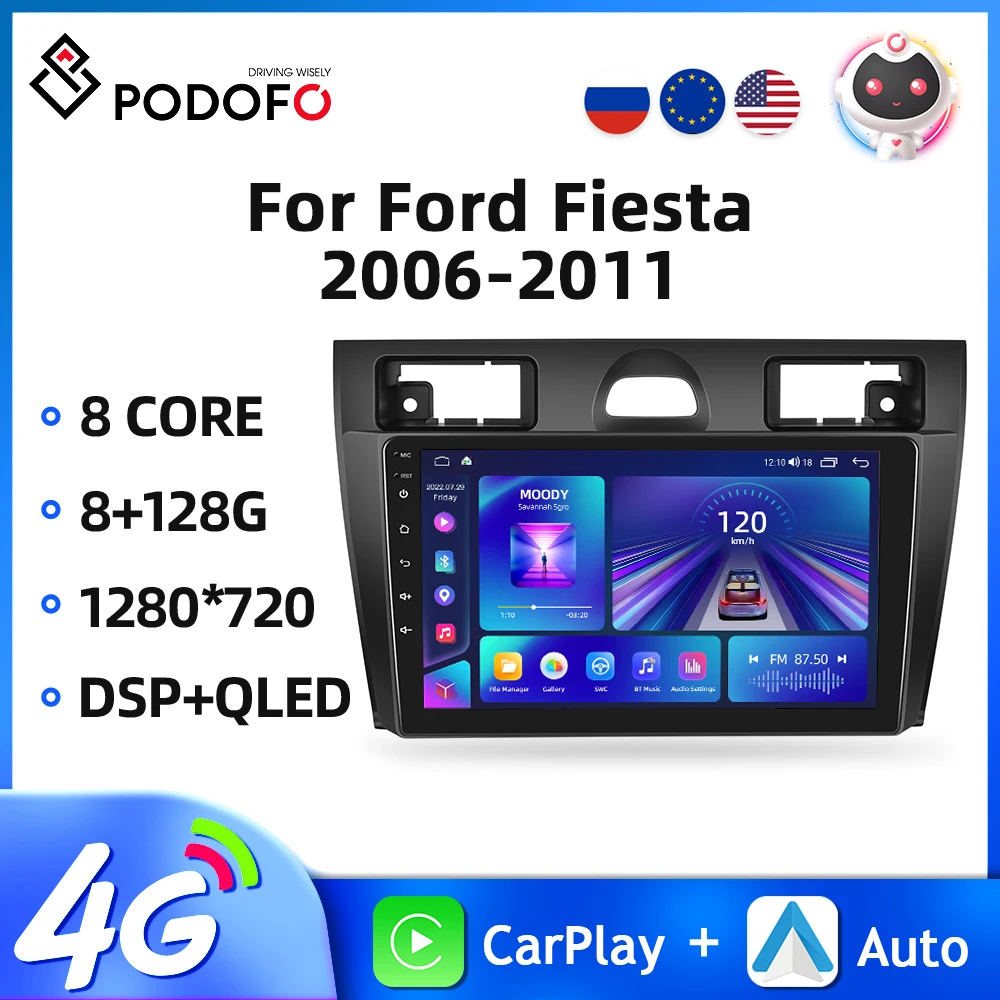 Podofo Android 2Din Autoradio Per Ford Fiesta 2006-2011 Lettore Video Multimediale Navigazione Gps 4G Wireless Carplay Autoradio Dsp