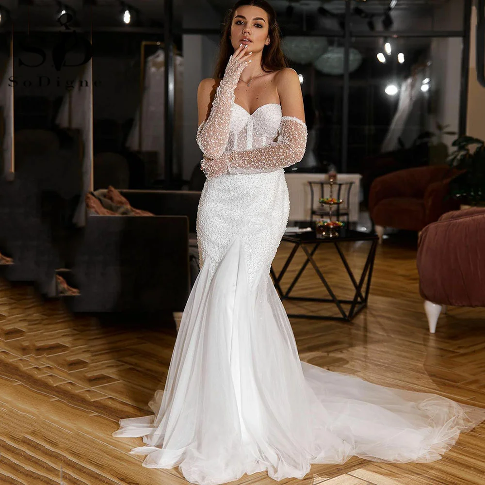 

SoDigne Beading Sequins Mermaid Wedding Dresses Sweethearts Bride Dress Corset Long Sleeves Tulle Wedding Gowns 2023