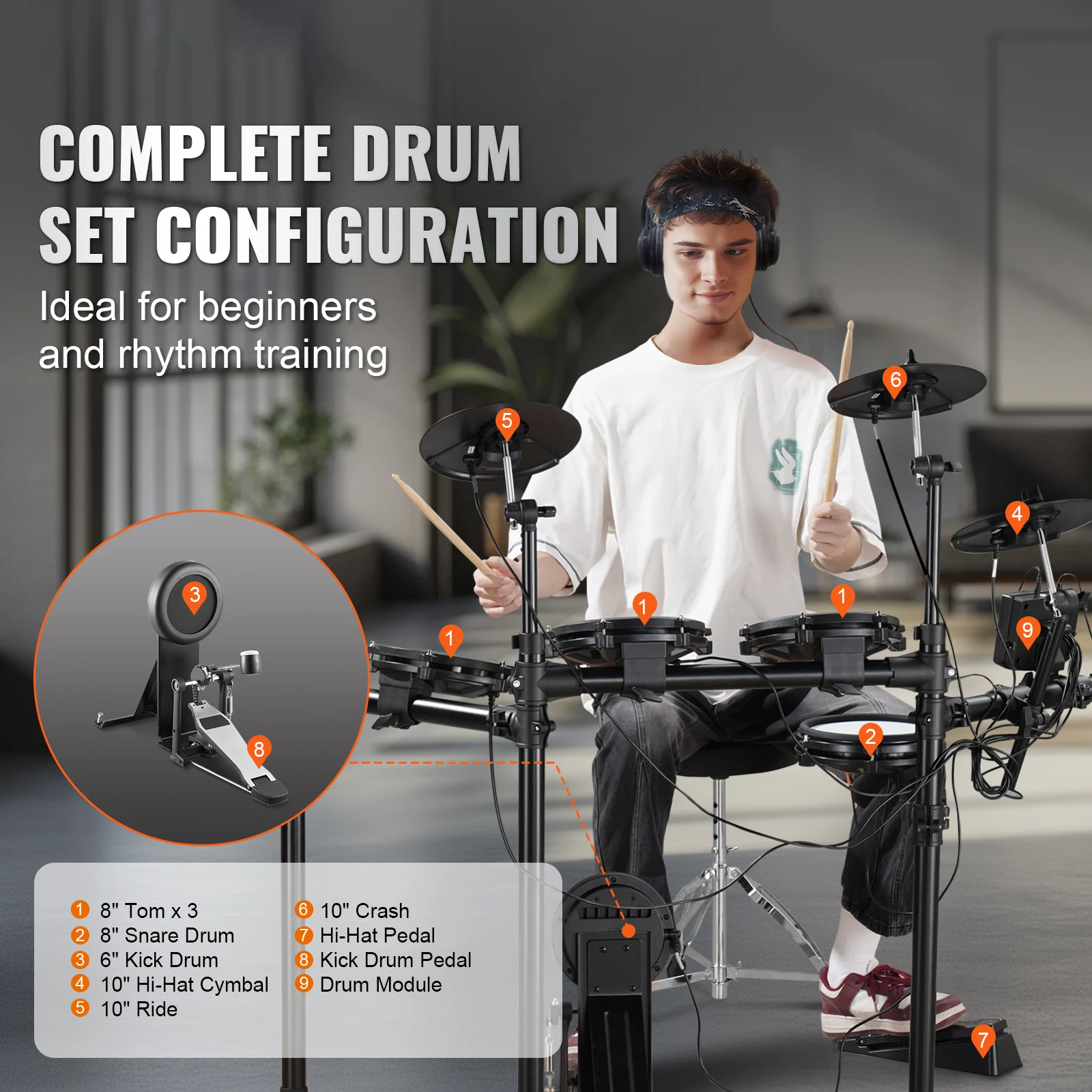 Electric Drum Set with Mesh and Cymbals for Quiet Practice