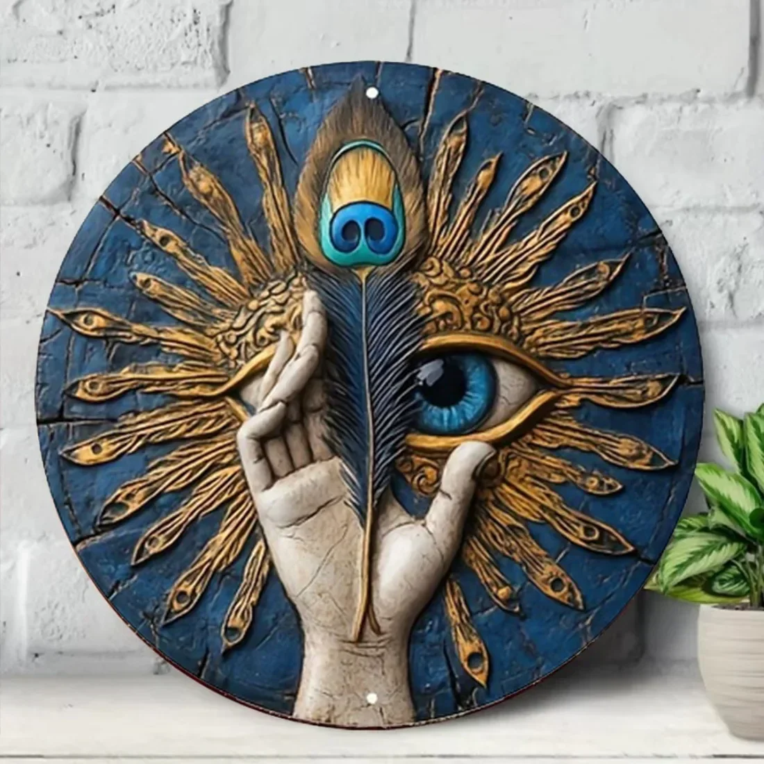 π Vintage Greek Evil Eye Wall Art β Blue & Gold Iron Tin Sign with Feather Detail 5