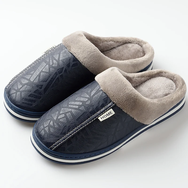 Men leather Home slippers for men Waterproof Warm House Male Fur Slippers Couple Platform Fluffy Big Size 50,fur slippers
