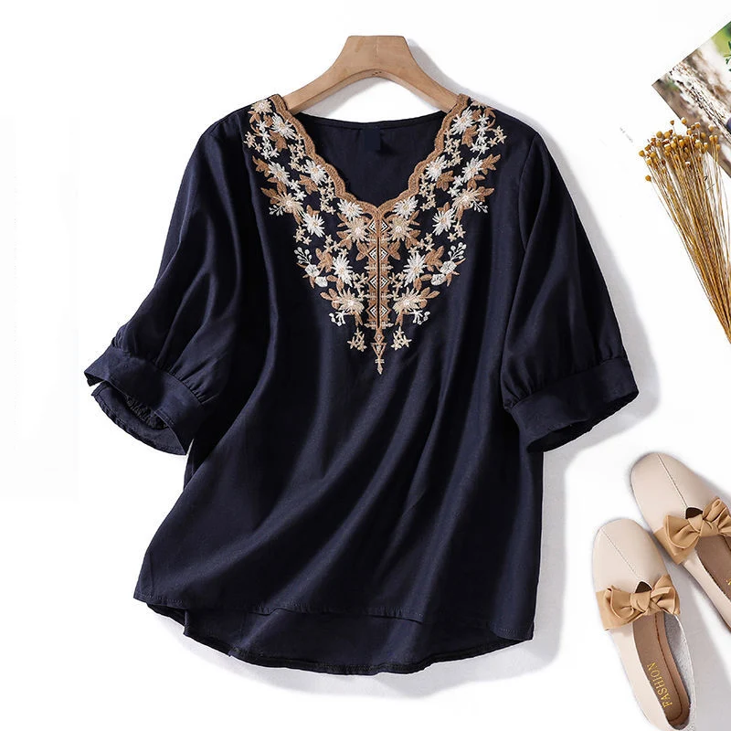

2023 New Summer Vintage Womans Embroidery V Neck T-shirt Chinese Style Soft Tee Female Casual Loose Blouse Shirts for Women