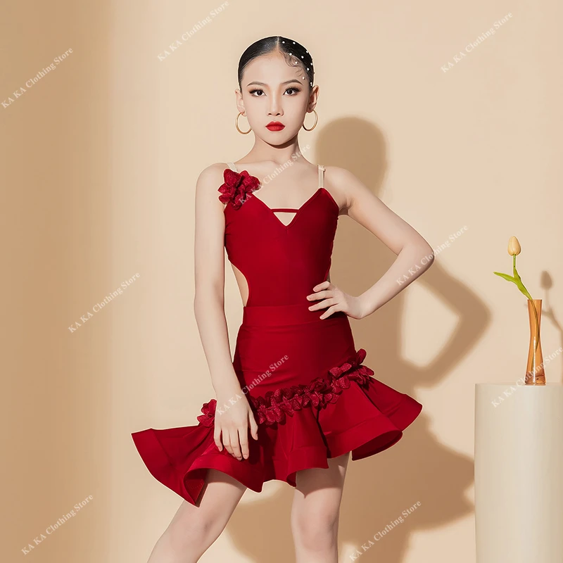 Dance Dress Black Cha Cha Rumba Latin Tango Girls Performance Suit Kids Practice Clothes