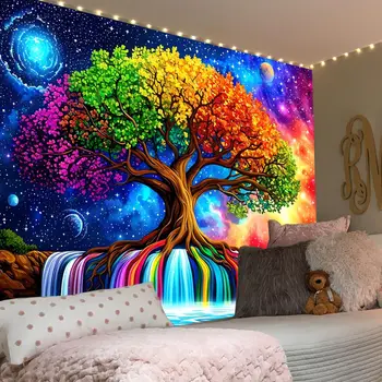 SimpkeBlacklight Tree of Life Tapestry – UV Reactive Fantasy Colorful Rainbow Waterfall Wall Hanging, Glow in the Dark Galaxy 1