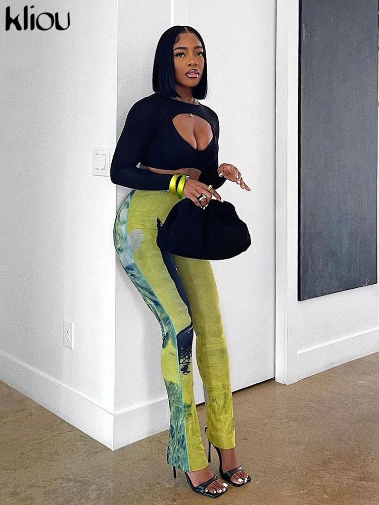 Kliou 메쉬 타이 염색 인쇄 미적 바지 여성 패션 중반 허리 바디 쉐이핑 마이크로 플레어 바지 Street Attirewear Bottoms