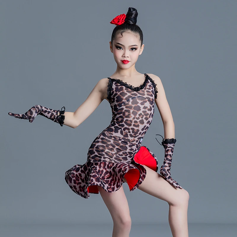 HoTRA Vestito Da Ballo Leopardato Per Ragazze: Maniche Lunghe, Body+Gonna, Danza Latina (ChaCha, Rumba)