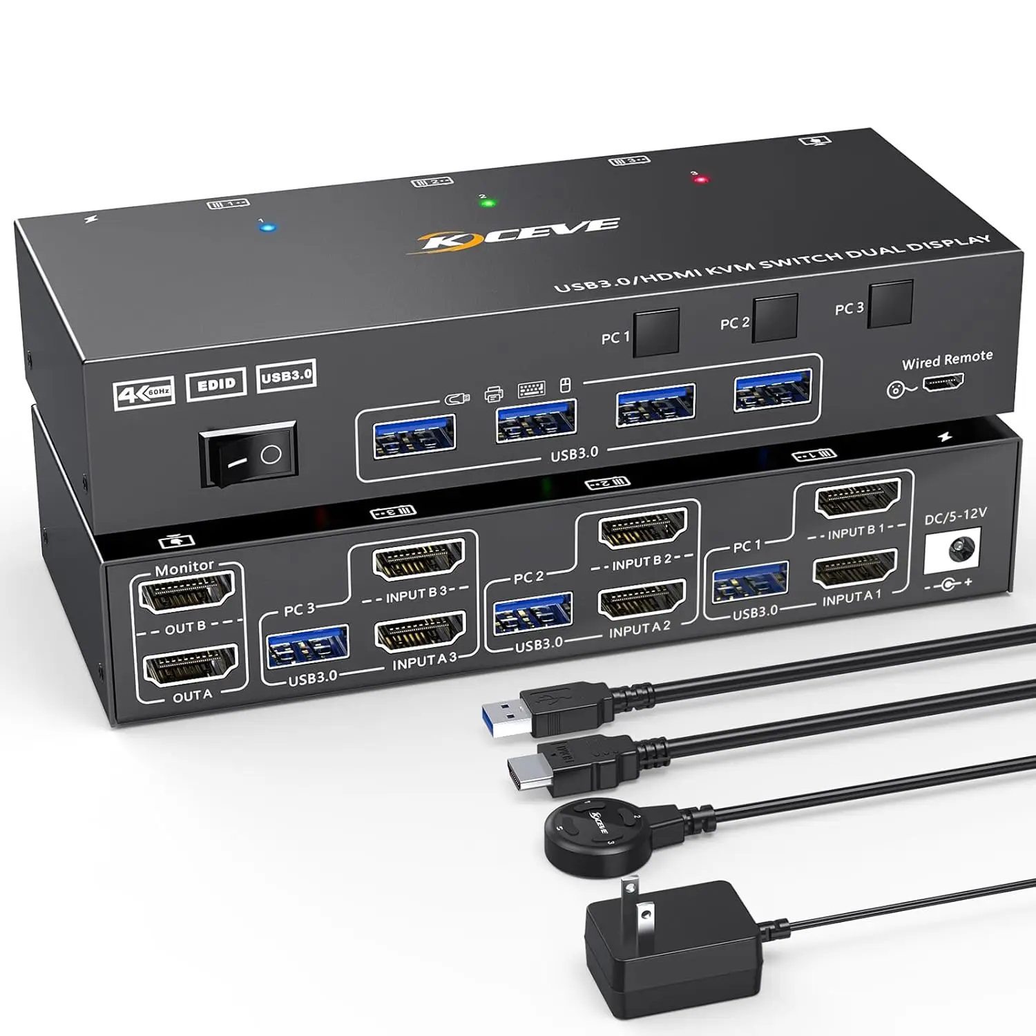 Dual Monitor Kvm Switch Usb 3.0 Hdmi Kvm Switch 2 Monitor 3 Computer 4K @ 60Hz 2K @ 144Hz, Emulatore Edid, Switch Kvm A Doppio Monitor