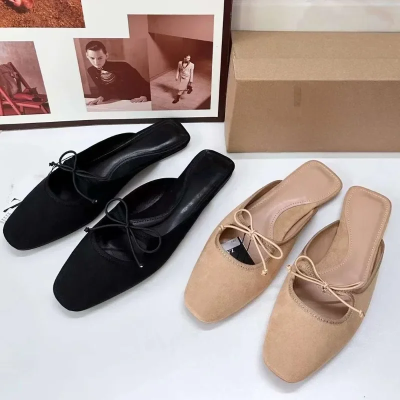 Summer Slingbacks Flat Ladies Designer Sandals Versatile Bow Suqare Toe Casual Light Slip-on Brand Chic Women Mules Shoes