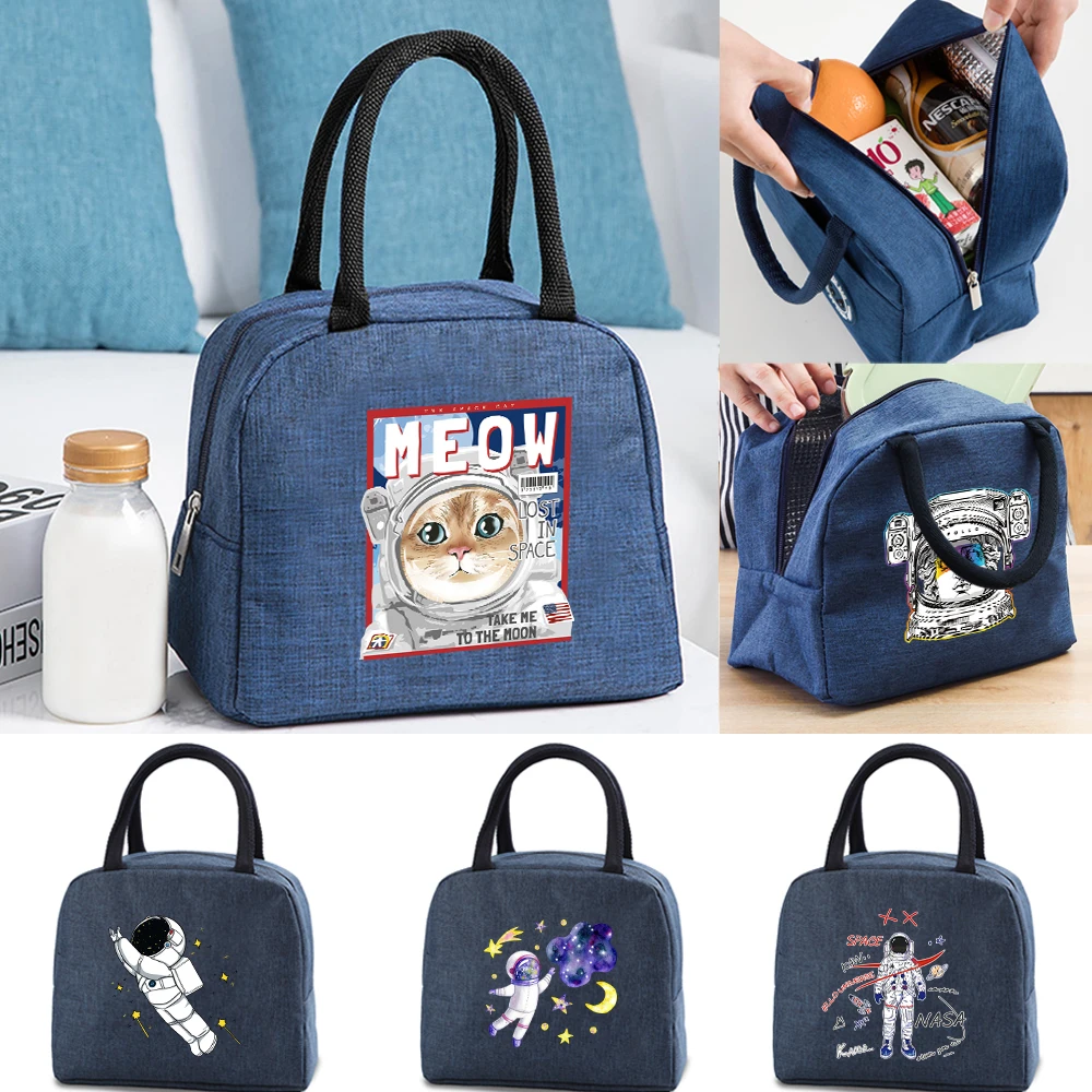 

Functional Lunch Bags for Women Portable Insulated Canvas Lunch Bag Astronaut Pattern Cooler Food Box Thermal Food Picnic Kids