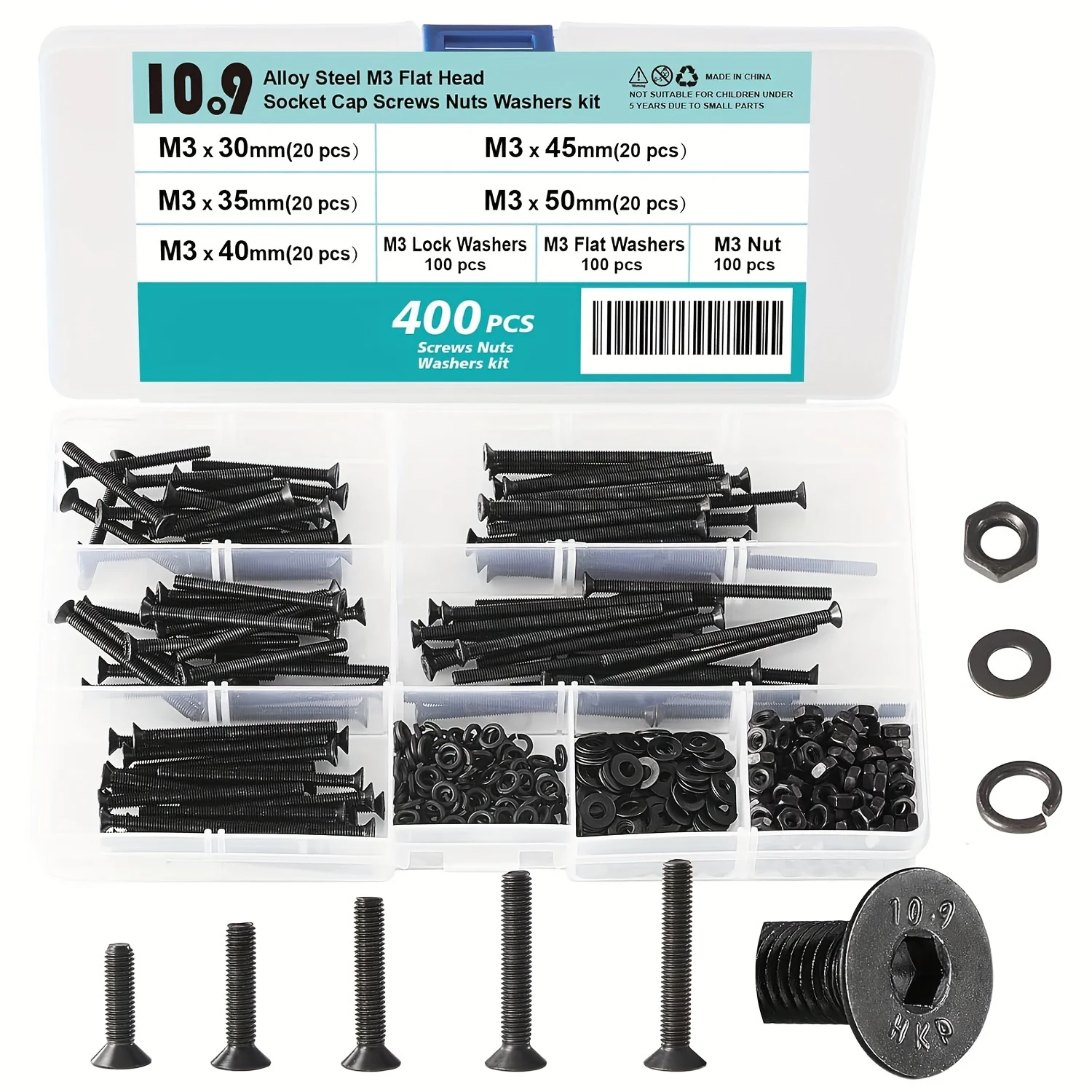 460 PCS/400PCS M3 x 8mm 10mm 12mm 16mm 18mm 20mm 25mm 30mm 35mm 40mm 45mm 50mm Flat Head Hex Socket Cap Screws Countersunk Bolt