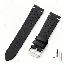 Handmade Dark Brown Vintage Racing Leather Watch Strap - Breathable and Porous Design - 22mm (Black)