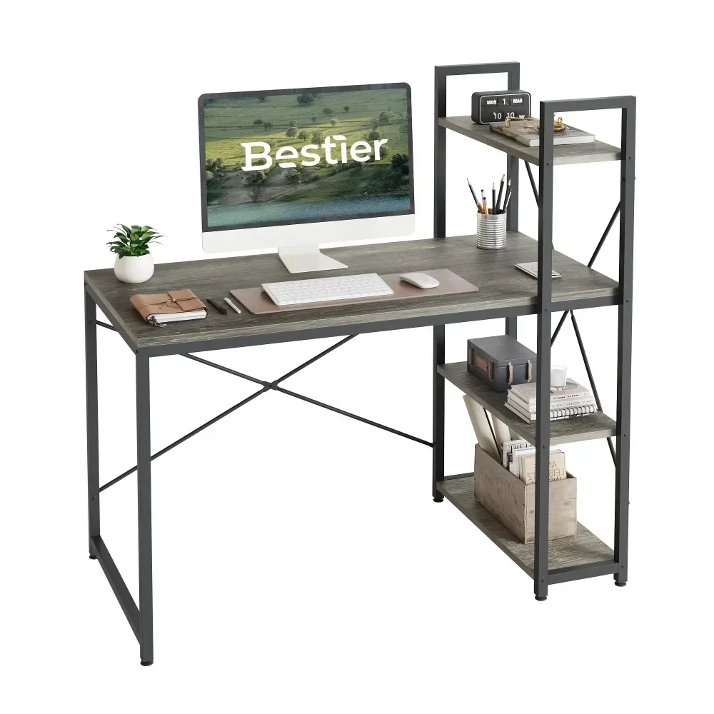 

47'' Reversible Computer Desk for Home Office Sturdy Workstation With 4-Tier Shelves Retro Grey Oak-Darkfreight Free Reading