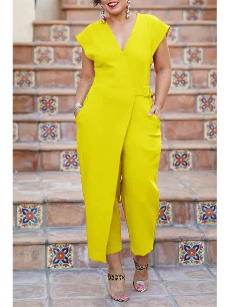Fashion Summer Casual Jumpsuit Women Elegant Deep V Neck Sleeveless Solid Jumpsuits Female New Romper With Belt Wide Leg Pants