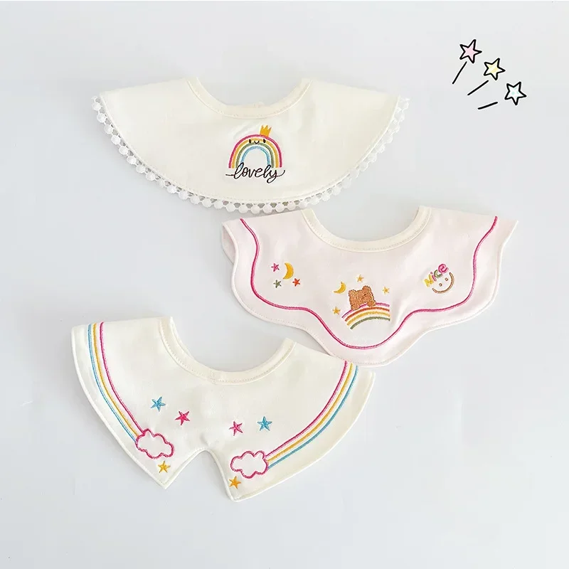 3PCS Korean Cotton Baby Bib Prince Cotton Embroidered Bibs Baby Saliva Towel Boys and Girls Waterproof Flower Fake Collar Bibs 6
