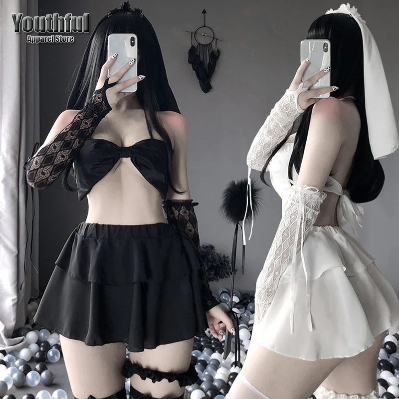 

Сексуальные костюмы для косплея для женщин, белая, черная, Женская Девушка, соблазнительное порно, свадебное нижнее белье, кружевное Милое Свадебное Эротическое платье