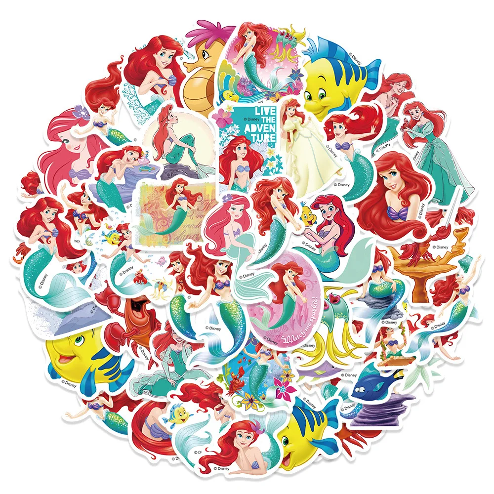 50Pcs Disney Little Mermaid Ariel Stickers Decals for Girl Gift Diary Scrapbook Luggage Phone Waterproof Sticker DIY Toys