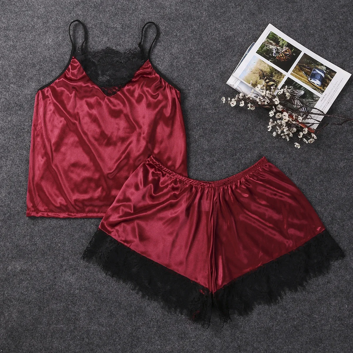 Women Sleepwear Satin Sexy  Lace Pajamas Set Female Elegant Sleeveless Top and Shorts Night Suit Pj Set Underwear