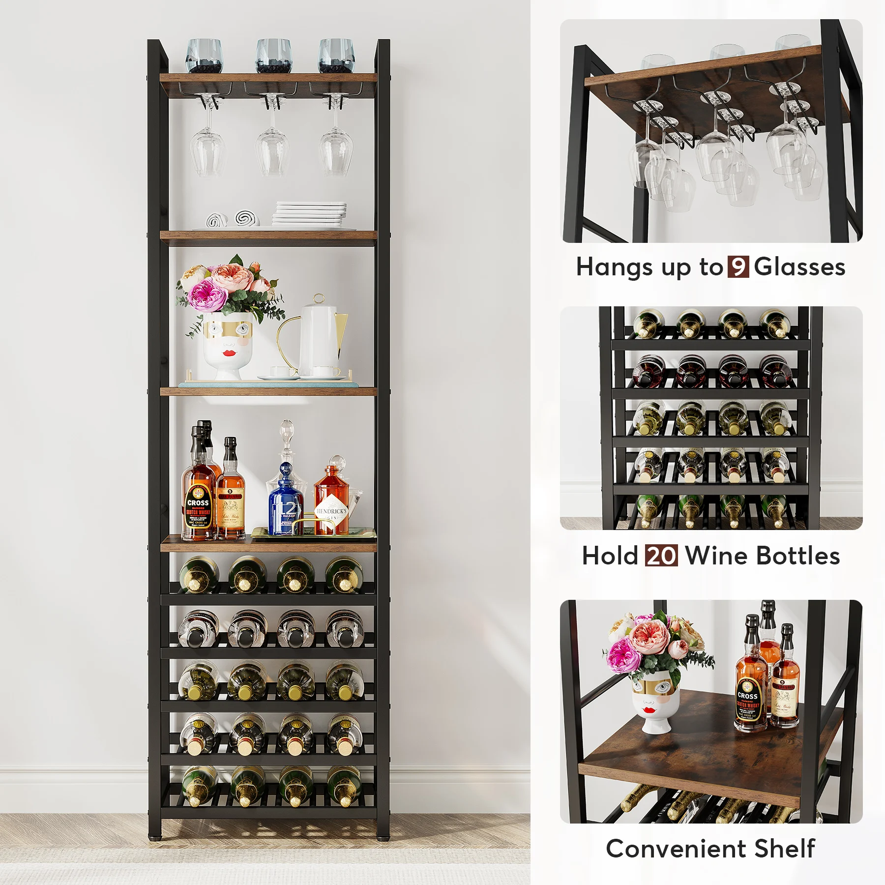 Tribesigns 20 Bottle Wine Bakers Rack, 9 Tier Freestanding Wine Rack with Glass Holder and Storage Shelves
