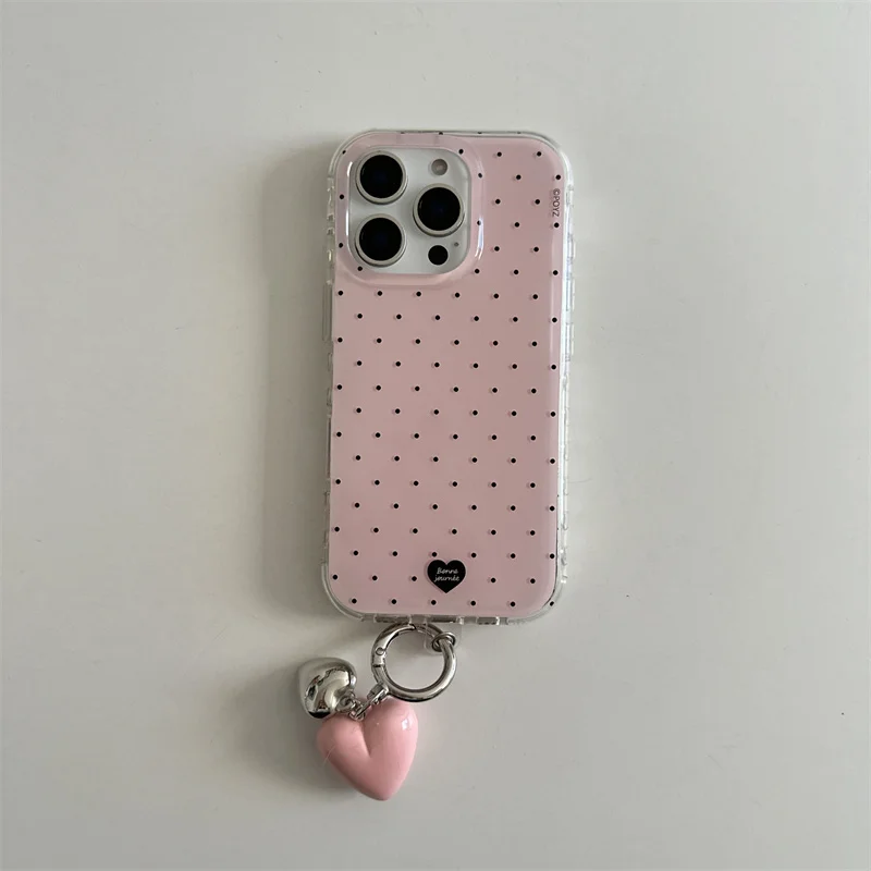 Double-Layer Pink Polka Dot Heart-Shaped Phone Case with Heart Pendant