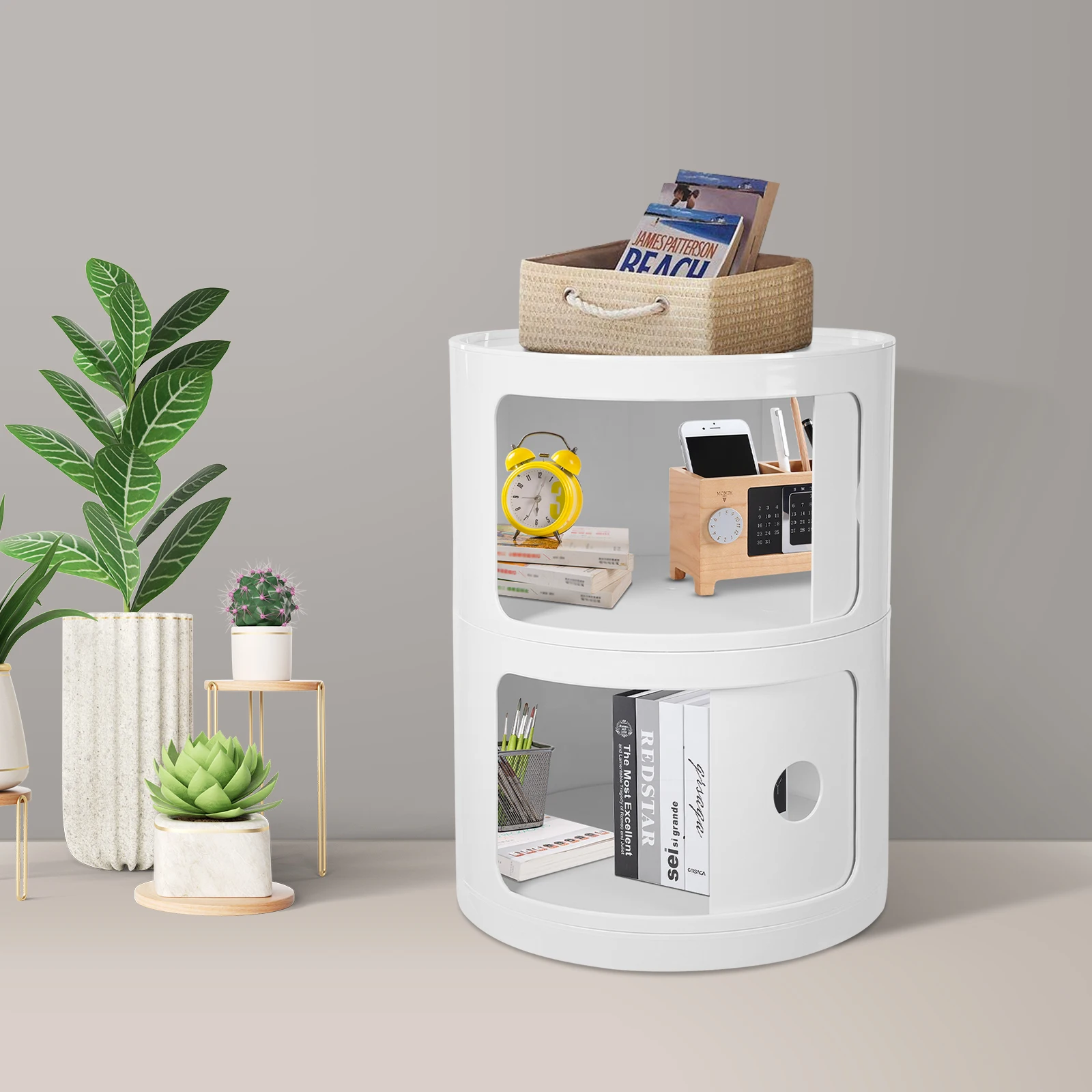 2 Tiers Round Bedside Cabinet Plastic Nightstand Storage Unit Drawers Modern End Table Bedside Table
