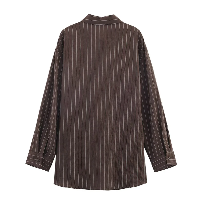 Women's Stripe Shirt Spring Autumn New Long-Sleeve Brown Shirt With Waist Buckle Decoration Loose Fit Casual Blouse Top ﻿