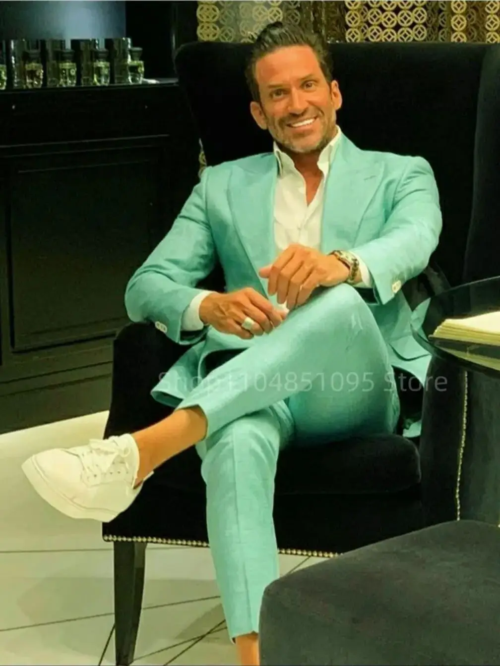 Mint Green 2 Piece Slim Fit Men Suits Groom Tuxedos Peak Lapel One Button Blazer Pants Sets Wedding Prom Business Costume Homme