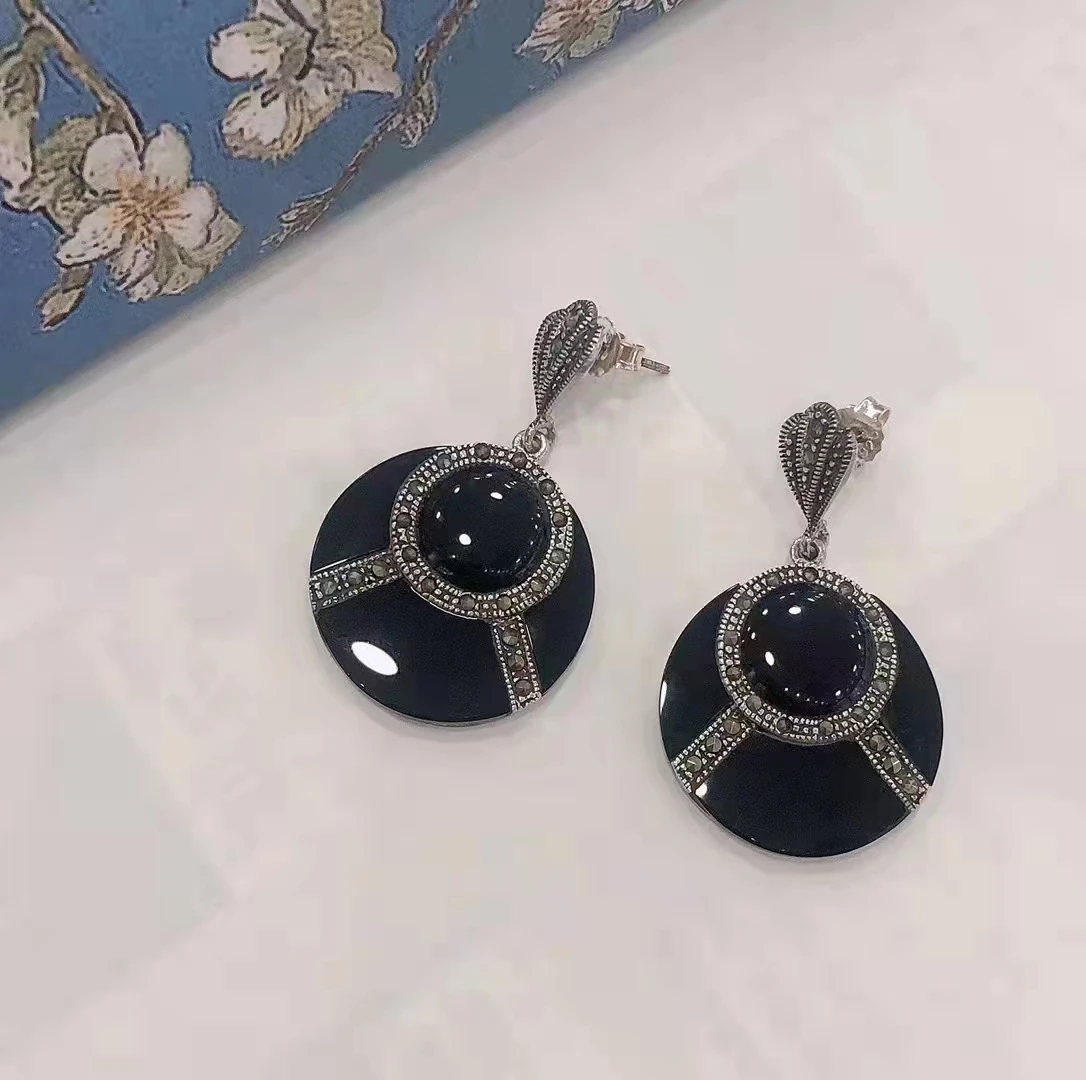 

925 Sterling Silver Black Onyx Earrings Agate High-end Atmosphere Classic Fashion Bijoux Femme Jewelry