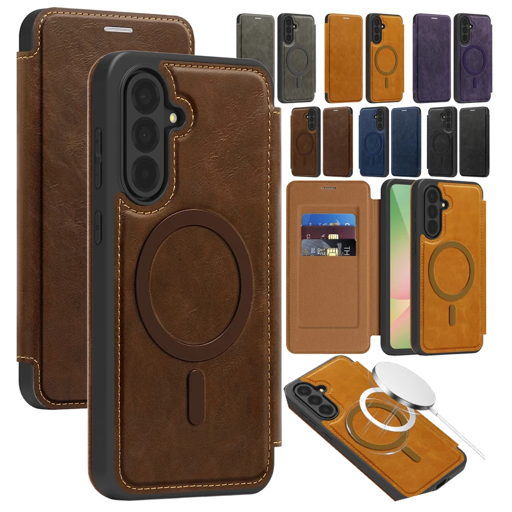 Enhanced Wireless Charging Leather Flip Case with Card Pockets and Magnetic Closure