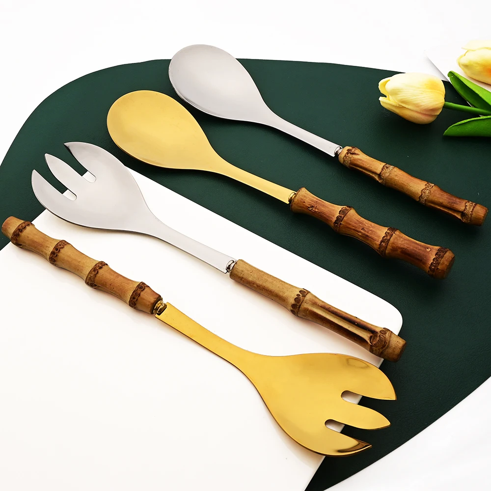 6Pcs Gold Natural Bamboo Handle 304 Dinnerware Set Stainless Steel Cutlery Set Upscale Knife Dessert Fork Spoon Tableware