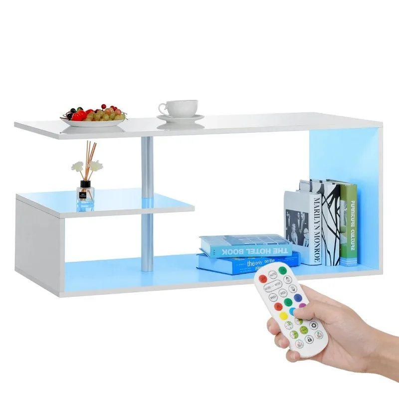 High Gloss Coffee Table with LED Lights Open Shelf Smart APP Control S Shaped Modern Sofa Side End Table for Living Room 5
