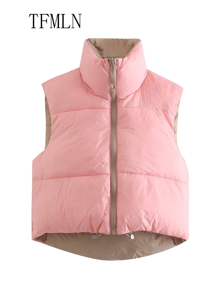 2025 Winter Warm Reversible Vest For Women Fashion Stand Collar Sleeveless Cropped Coats Elegant Lightweight Padded Ladies Vest